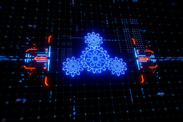Gears icon on a digital display with reflection. Concept of business process workflow optimization and automation, digital transformation, robotic process automation and flowing process management.