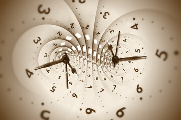 Vintage retro white spiral clock dial with arabic numerals. Concept of Infinite time, deadline, scheduling, time and space, past, present and future.