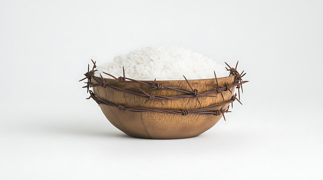 Bowl of rice surrounded by barbed wire, symbolizing challenges in accessing basic needs and the fragility of food security in conflict zones.