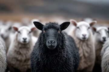 Fototapeta premium Black sheep sticking among white sheep. Black sheep in the family. Concept of a different person or exclusion from society.