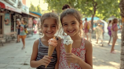 Two smiling girls enjoying ice cream cones in a sunny street surrounded by vibrant shops and trees