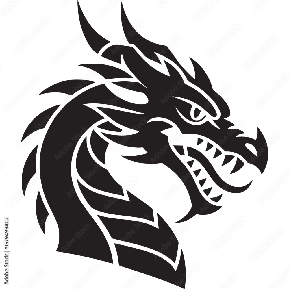Poster illustration of a black dragon head with sharp teeth and horns on a white background in a simple sty