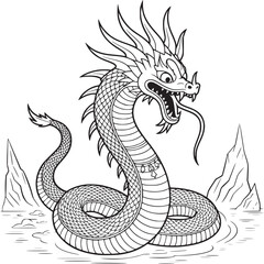 Obraz premium A black and white line drawing of a dragon emerging from the water with mountains in the background on transparent background