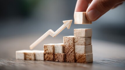 Businessman building increasing diagram with wooden blocks and upward arrow