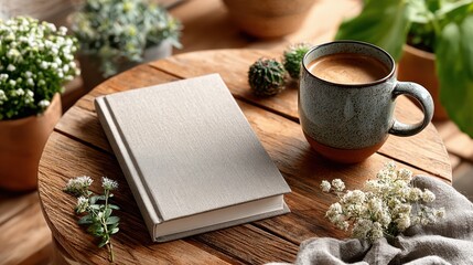 Cozy morning with coffee and book on rustic wooden table