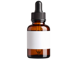 A bottle of amber glass with an eye dropper and white label on the front, transparent background