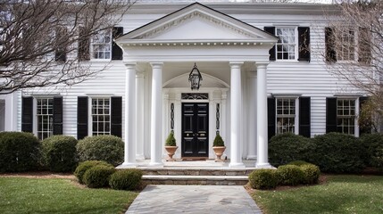 Fototapeta premium A charming white colonial home with classic architecture, featuring elegant columns and neatly trimmed bushes in the front yard.