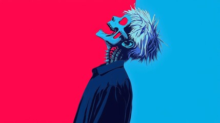 Fototapeta premium Vibrant digital art of a character with a skeleton face, expressing emotions in contrasting colors.