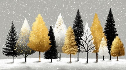 Golden and black christmas trees covered in snowflakes during a snowfall