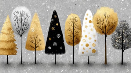 Golden and silver christmas trees with snowflakes falling on grey background