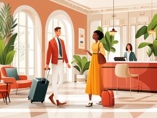 Travelers conversing in a stylish hotel lobby with vibrant decor and suitcases