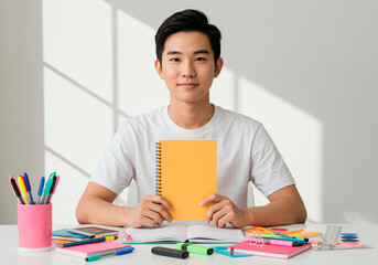 Smiling Asian Male Student Holding Notebook at Desk with Supplies