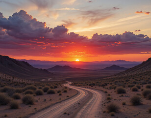Fototapeta premium Scenic desert highway winding through mountains under a vibrant sunset sky