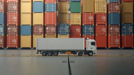 Fototapeta premium Model truck positioned in front of colorful shipping containers in a busy loading area