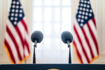 Formal Press Conference Setup: Microphones stand ready before blurry national flags, suggesting an important announcement or briefing in a formal setting.