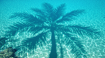 Palm tree branches shadow on blue water surface. shadow of palm leaves on blue texture background. Concept of tropical beach and summer vacation, Luxury travel holiday