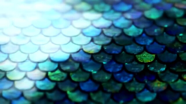 Close-up animation of iridescent mermaid scales shimmering with moving light in blue and green colors