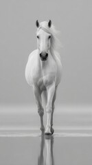 White horse walking on water with reflection in black and white
