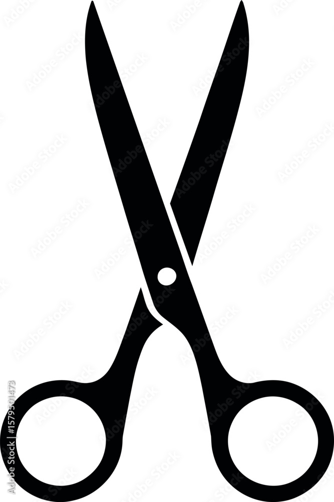 Poster black and white graphic illustration of open scissors with round handles on a white background for d