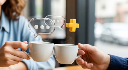Hands holding coffee cups with digital chat bubbles and plus icon