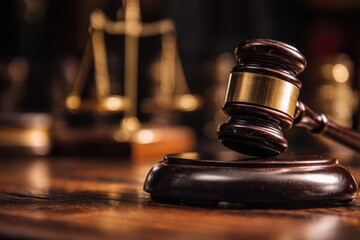 Symbolic Gavel at the Center of Justice. Focused View of Judicial Authority and Legal Proceedings in a Courtroom Environment