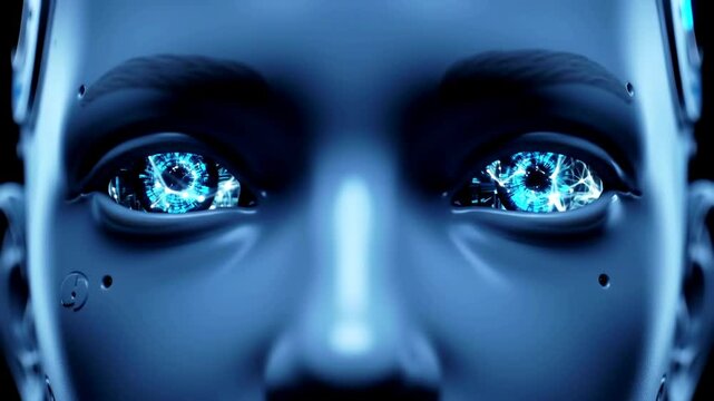 Extreme close-up of a futuristic humanoid robot's eyes activating and glowing with intense blue cybernetic light
