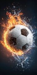 Naklejka premium Dynamic Soccer Tournament Poster Design: Exploding Football with Fire and Water Elements