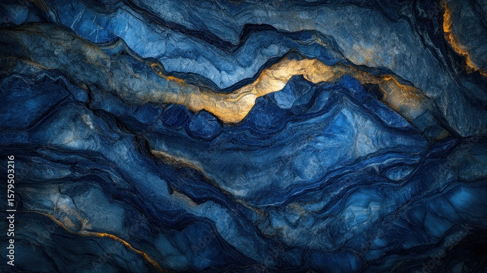 Poster abstract image of deep blue and gold veined stone, resembling layered mountains or a geological form