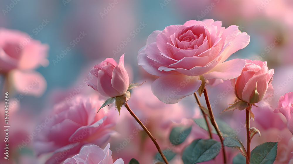 Poster light pink roses in soft color and blur style for background. sweet color roses flowers in pastel to