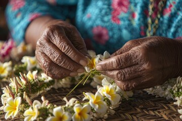 Aloha Spirit: Cook Islander Woman Crafting a Frangipani Lei in the Tropical Oasis of Rarotonga