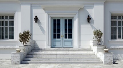 Elegant exterior of a modern building featuring a light blue double door and well-manicured greenery.