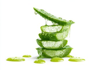 Obraz premium Fresh Aloe Leaf with Gel Dripping; Closeup of Green Herb Isolated on White Background