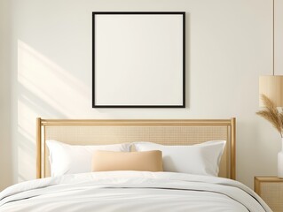 Modern minimalist bedroom interior with natural light, neutral tones, and blank wall art frame above a stylish bed