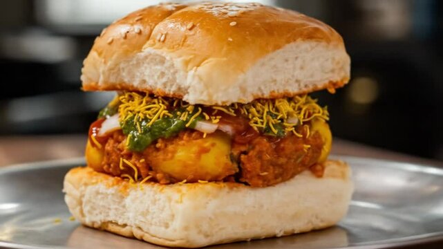Enjoy the flavorful street food of India with a tempting vada pav burger.