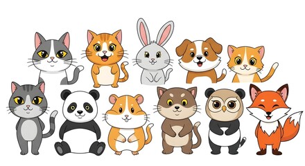 Fototapeta premium A collection of cartoon animals including cats, a rabbit, a dog, a panda, a hamster, an owl, and a fox.