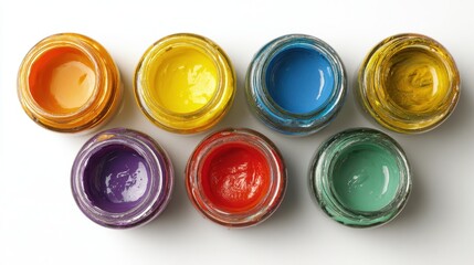Vibrant Display of Multicolored Paint Jars on a Crisp White Backdrop - A Top View Perspective