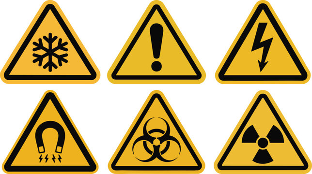 Vector Set Of Hazard Warning Signs Including Cold Electric Shock Radiation Magnet Biohazard Exclamation Safety Symbol Alert Icon

