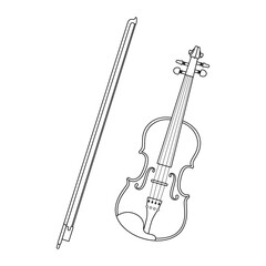 Line art illustration of a classical violin and bow. Perfect for coloring books, music education materials, and vintage instrument collections.