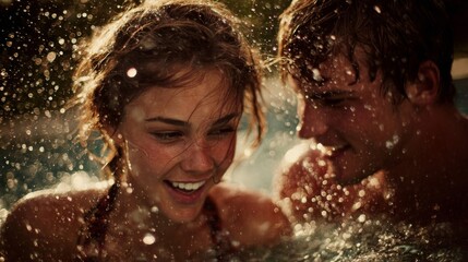 Obraz premium Happy Young Couple Splashing in a Pool