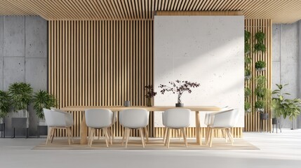 Modern minimalist dining area with natural wood accents