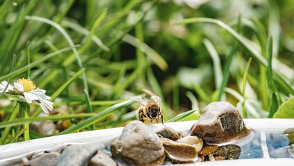 A close-up demonstrates a bee as it gathers water from a shallow pool surrounded by pebbles and...