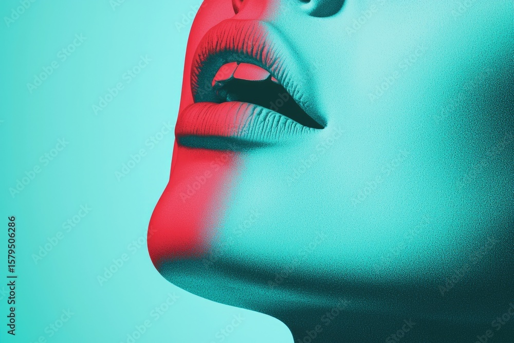 Poster a surreal exploration of color and form: a close-up of a female face with striking red and blue ligh