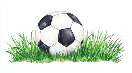 Watercolor Soccer Ball on Green Grass with Vibrant Details for Sports and Recreation Themes