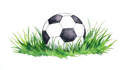 Obraz premium Watercolor Style Soccer Ball Surrounded by Lush Green Grass in a Vibrant Outdoor Setting