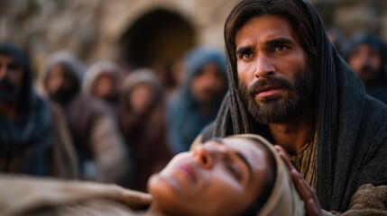 Jesus touches lifeless young man at the gate of Nain as widowed mother gasps – crowd frozen in sacred silence under warm sunlight with lifelike realism and soft photographic shadows.