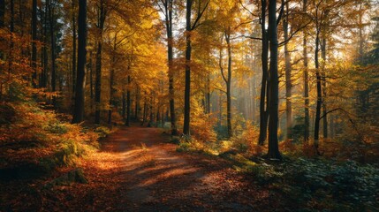 Fototapeta premium Autumn Forest Path Sunlight Golden Leaves