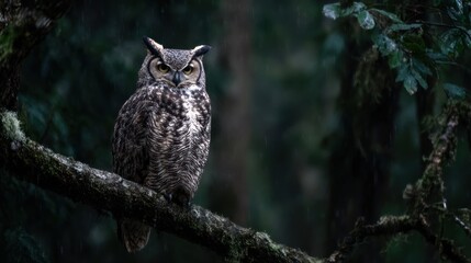 Owl perched on branch in dark forest