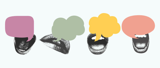 lips with speech bubbles in a halftone collage.  Vector image of dotted modern vintage urban magazine style grunge art, Social media, inspiration, idea, interview, communication concept