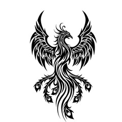 Obraz premium Phoenix reborn from flower tribal design, bold intricate black lines, sharp flowing patterns, solid black on white background, symbolic and dynamic composition