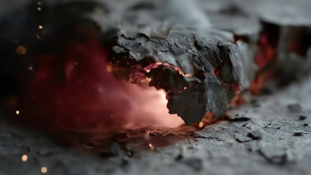 Charred material emits sparks  glow  Wrinkled blackened mass rests on a rough surface partially consumed by intense heat